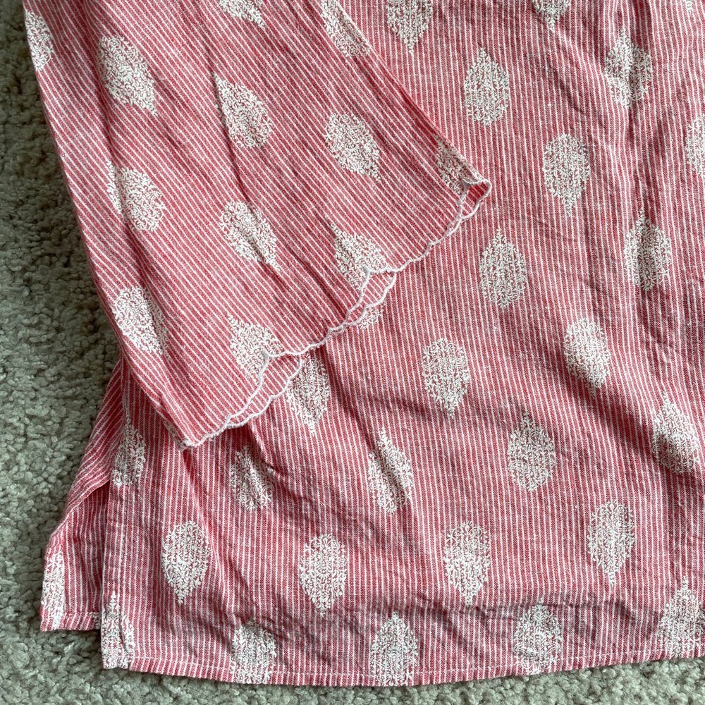 Liz Claiborne Linen Filigree Long Sleeve Striped Top Size Large Red White - Picture 5 of 7